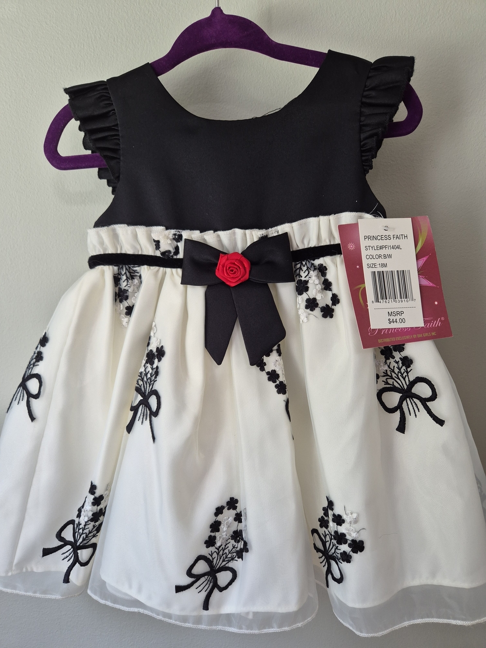 18M Black & White Floral Bow Girls Dress with Red Rose Accent